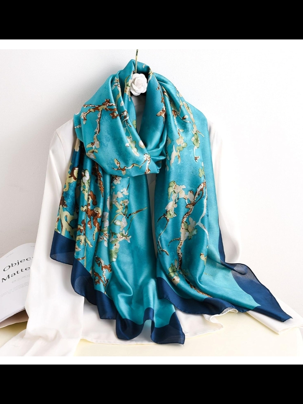 New Silk-Feel Teal Floral Wrap Scarf for Women